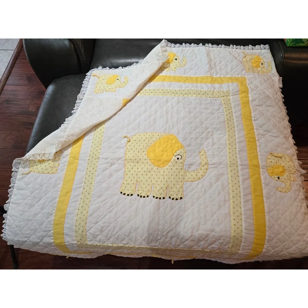 Vintage Yellow White Elephant Baby Quilt Applique Lace 40